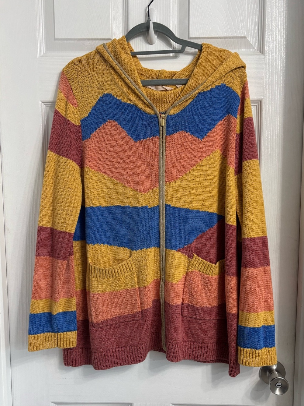 Soft Surroundings Mustard Yellow, Blue, Rust Striped Zip Hoodie Cardigan XL